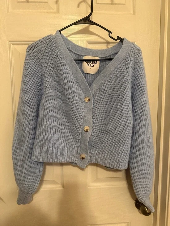 Princess Polly Light Blue Cropped V-Neck Button Cardigan Sweater - Picture 1 of 5